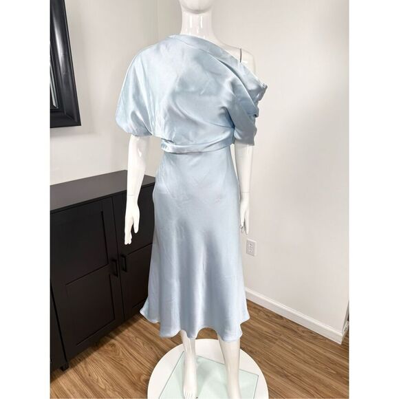 Amsale Womens Fluid Satin Draped One-Shoulder Cocktail Dress Jade Size 0 - Picture 4 of 8